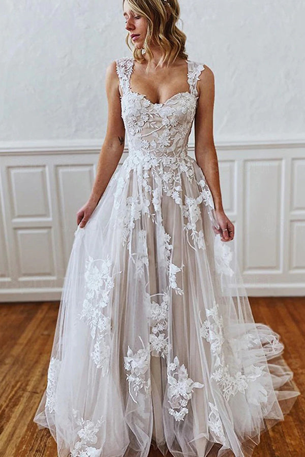 Elegant Straps Sweetheart A-line Wedding Dress with Appliques-Wedding Dresses-BallBride