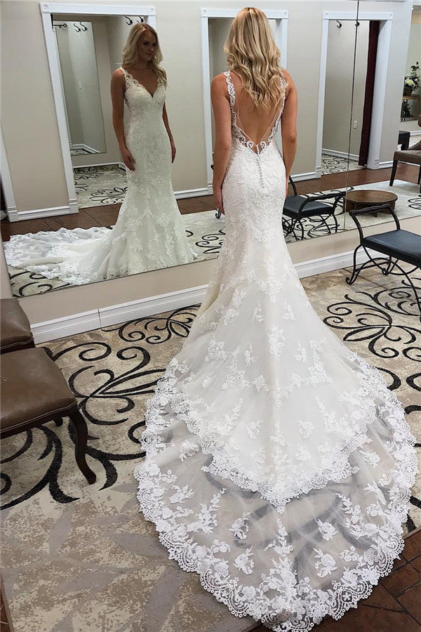 Elegant Straps V-Neck Backless Mermaid Wedding Dress with Appliques-Wedding Dresses-BallBride