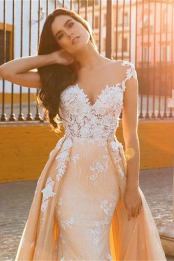 Elegant Sweetheart Lace Appliques Cap Sleeves Overskirt Mermaid Wedding Dress-Wedding Dresses-BallBride