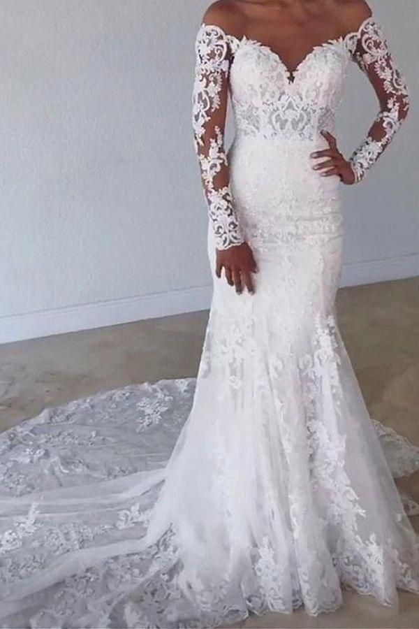 Elegant Sweetheart Lace Sleeves Long Mermaid Wedding Dress-Wedding Dresses-BallBride