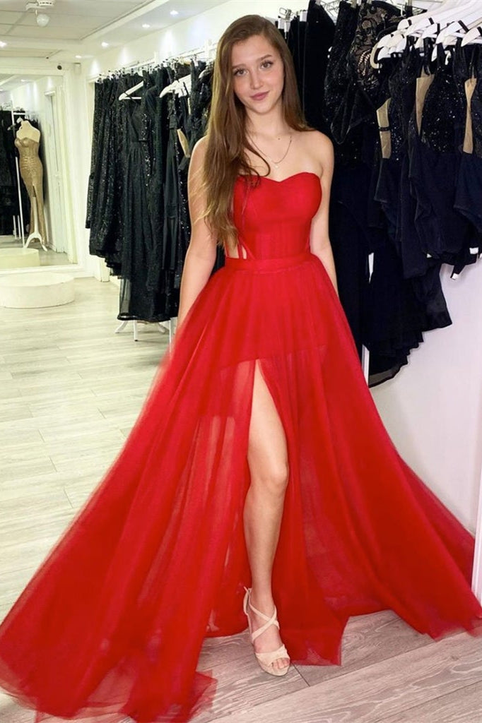 Elegant Sweetheart Red Evening Dresses with Slit-BallBride