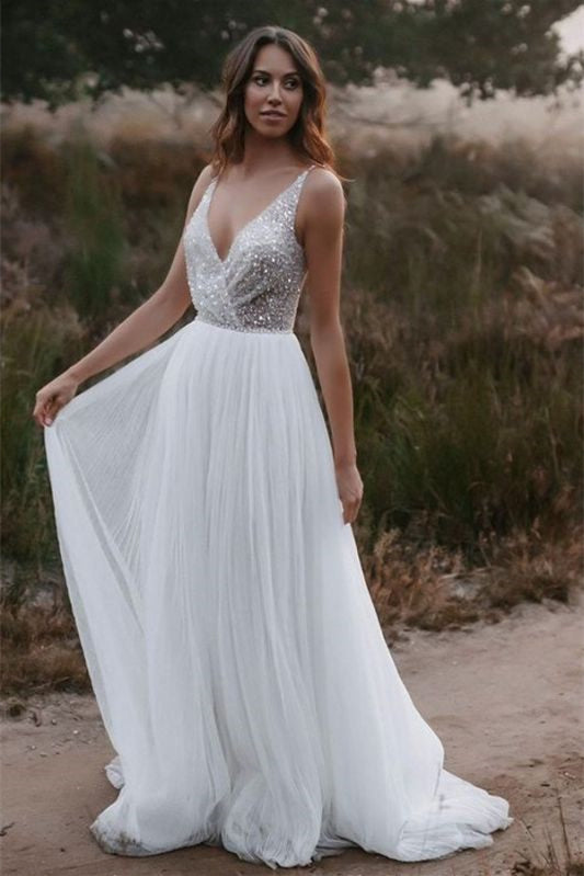 Elegant Tulle Sequins V-Neck Sleeveless Wedding Dress-Wedding Dresses-BallBride