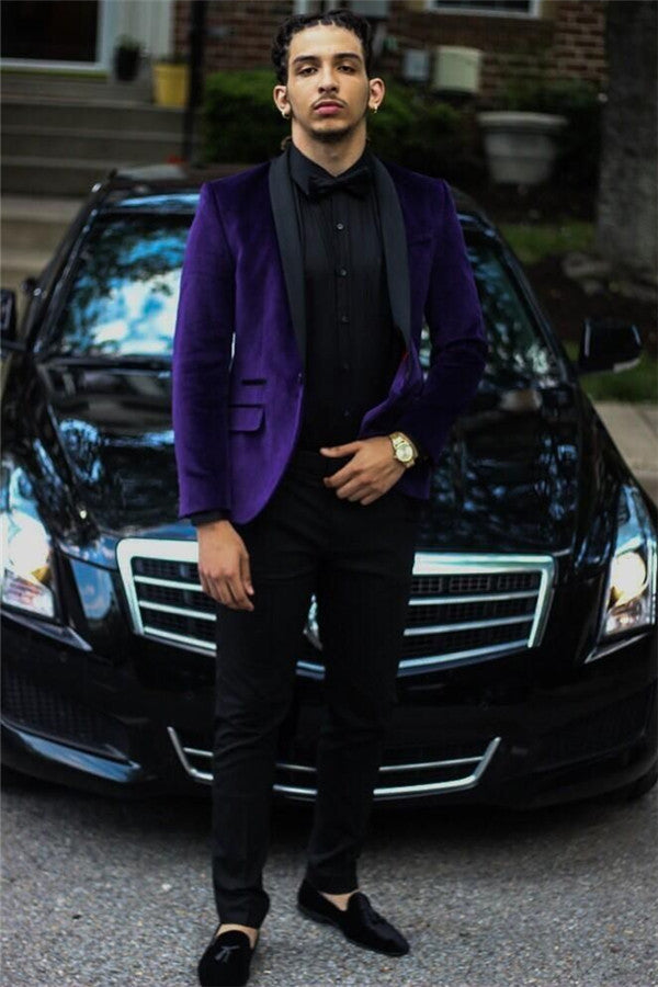 Elegant Two Piece Black Lapel Suit Dress with Purple Velvet-Prom Suits-BallBride