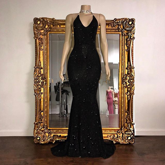 Elegant V-Neck Halter Mermaid Evening Dress with Sequins-Evening Dresses-BallBride