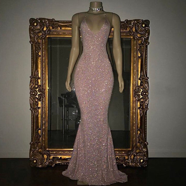 Elegant V-Neck Halter Mermaid Evening Dress with Sequins-Evening Dresses-BallBride