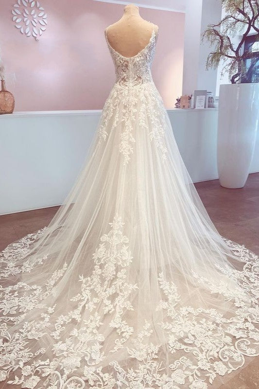 Elegant V-Neck Lace A-Line Wedding Dress-Wedding Dresses-BallBride