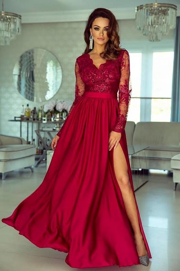 Elegant V-Neck Lace Prom Dress with Slit-BallBride