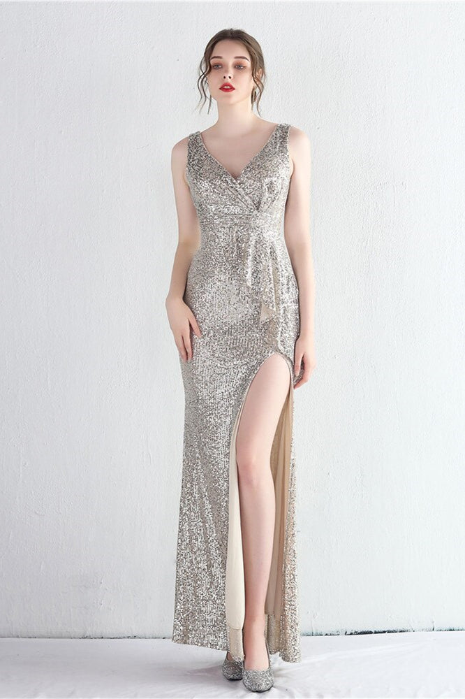 Elegant V-Neck Sleeveless Split Evening Dress With Sequins Online-Evening Dresses-BallBride