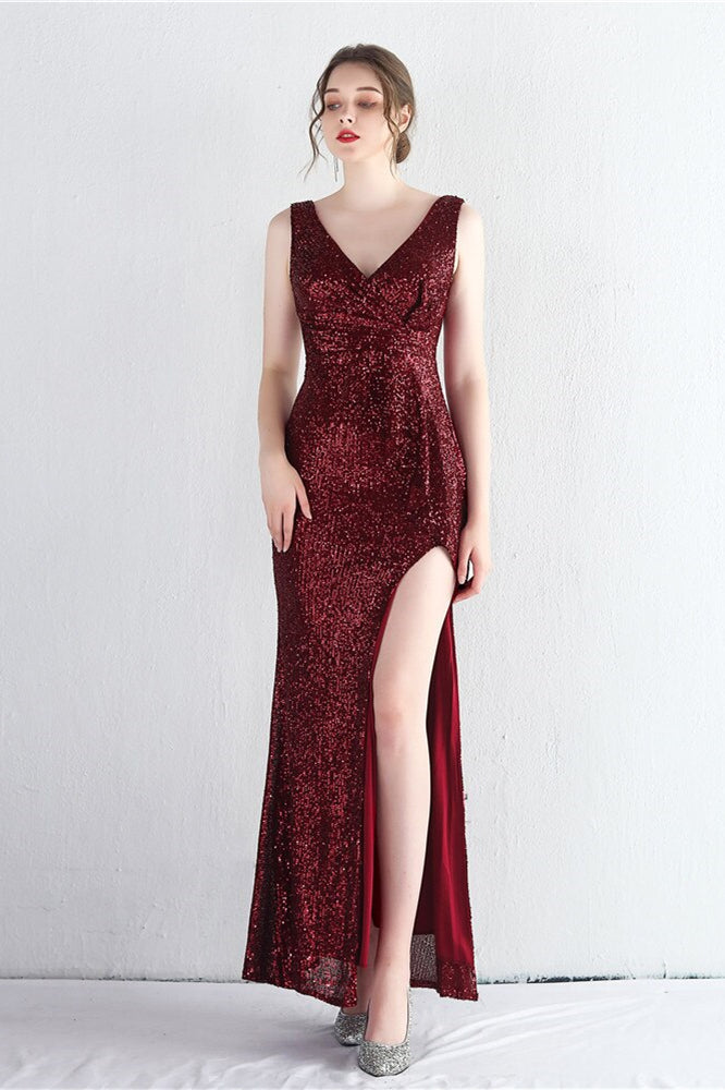 Elegant V-Neck Sleeveless Split Evening Dress With Sequins Online-Evening Dresses-BallBride