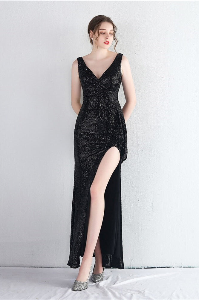 Elegant V-Neck Sleeveless Split Evening Dress With Sequins Online-Evening Dresses-BallBride