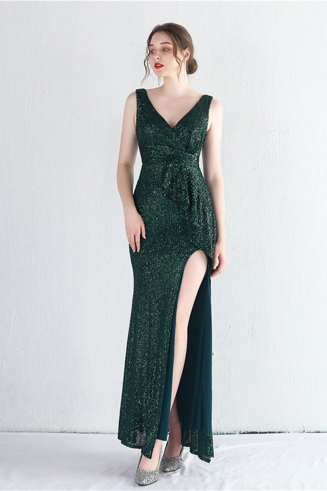 Elegant V-Neck Sleeveless Split Evening Dress With Sequins Online-Evening Dresses-BallBride