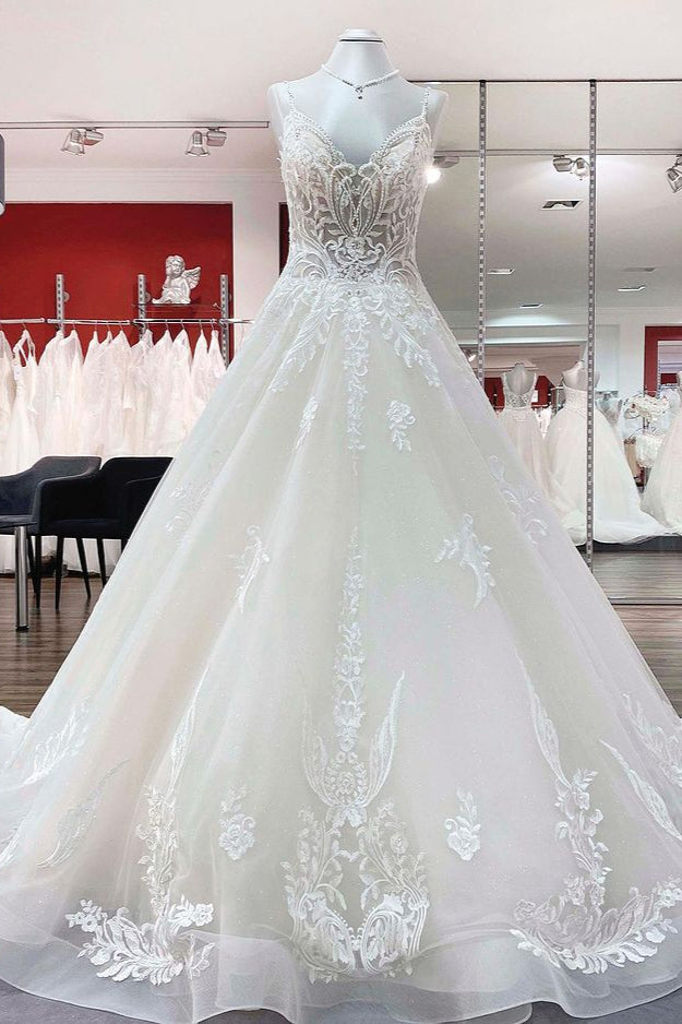 Elegant V-neck Tulle Wedding Dress With Lace Ruffles-Wedding Dresses-BallBride