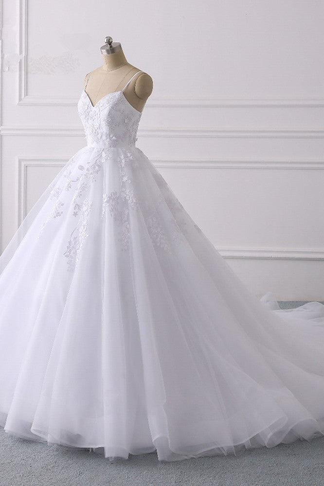 Elegant V-Neck Wedding Dress with Lace Appliques and Spaghetti-Straps-Wedding Dresses-BallBride
