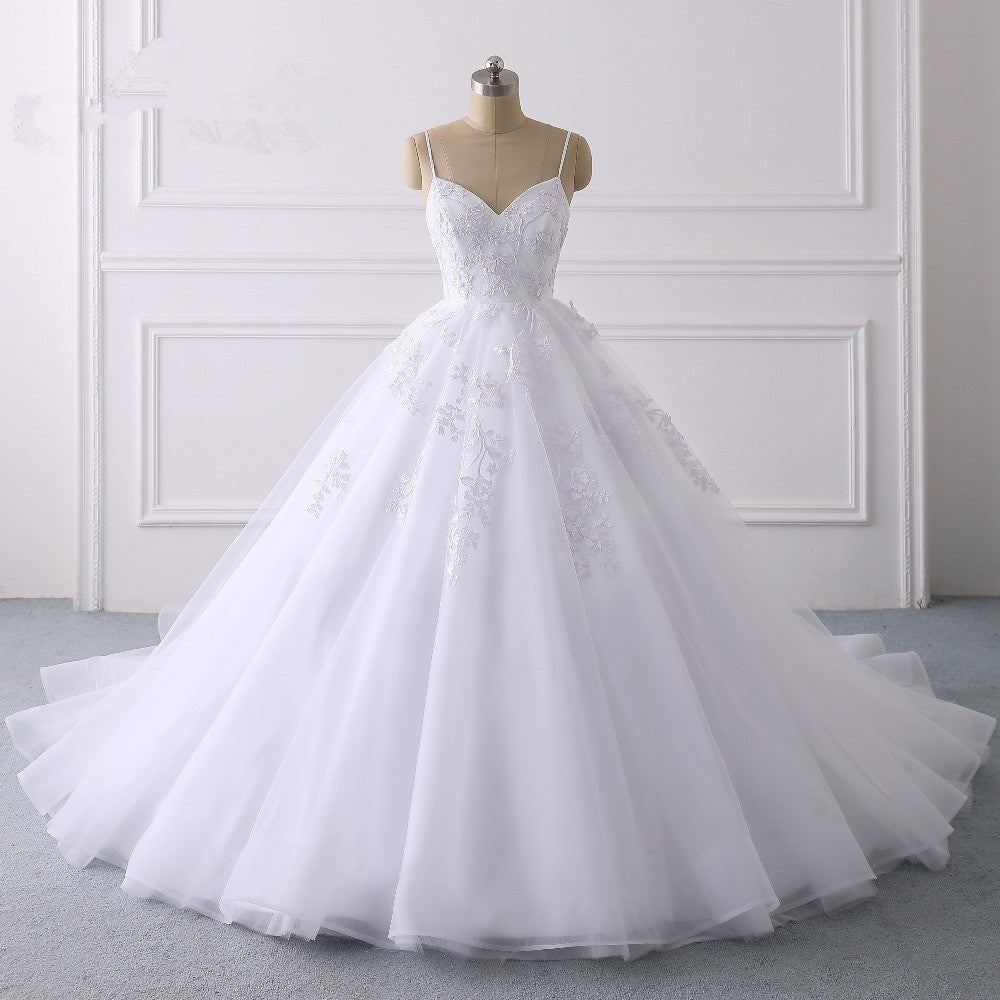 Elegant V-Neck Wedding Dress with Lace Appliques and Spaghetti-Straps-Wedding Dresses-BallBride