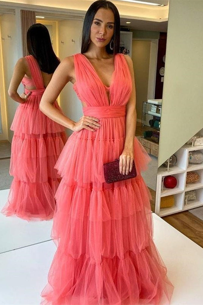 Elegant Watermelon Long Tulle Prom Dress-BallBride