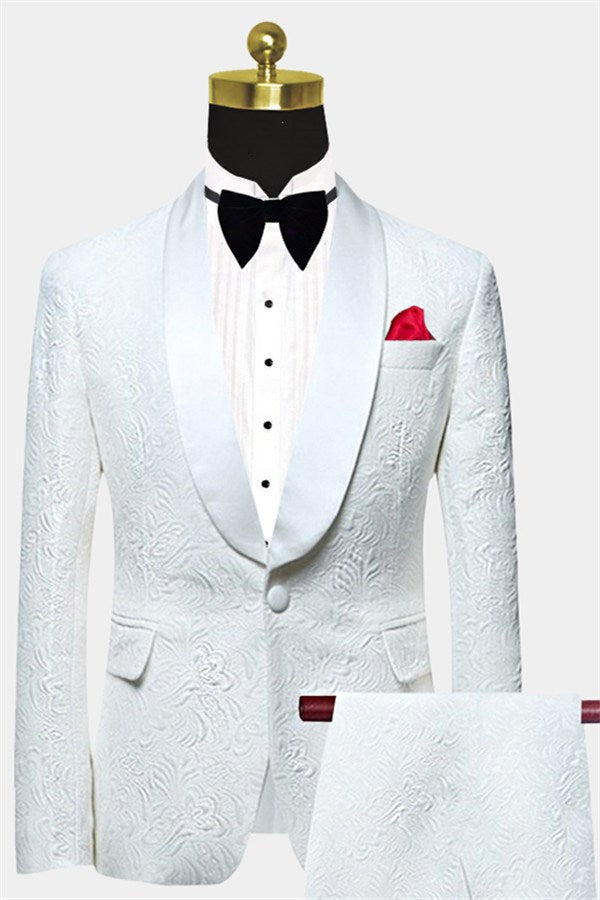 Elegant White Jacquard Groom Suits - Two Piece Shawl Lapel Wedding Men Suits-Wedding Suits-BallBride