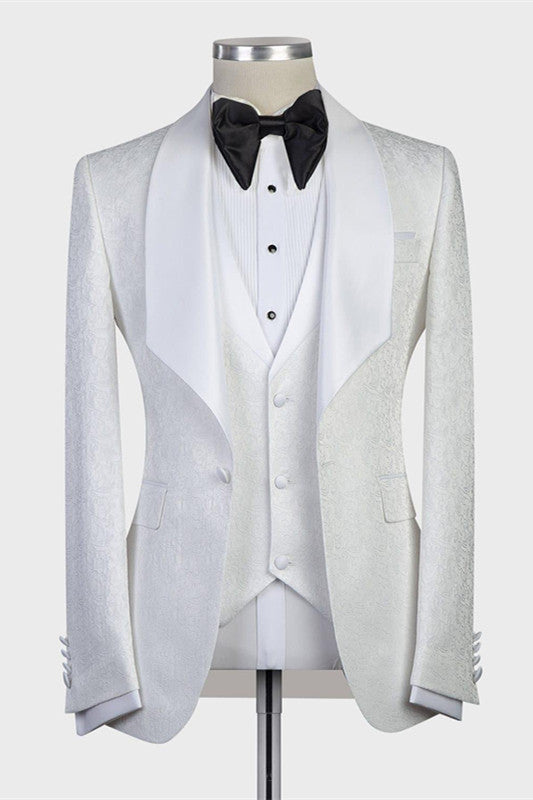 Elegant White Jacquard Shawl Lapel Wedding Tuxedo-Wedding Suits-BallBride