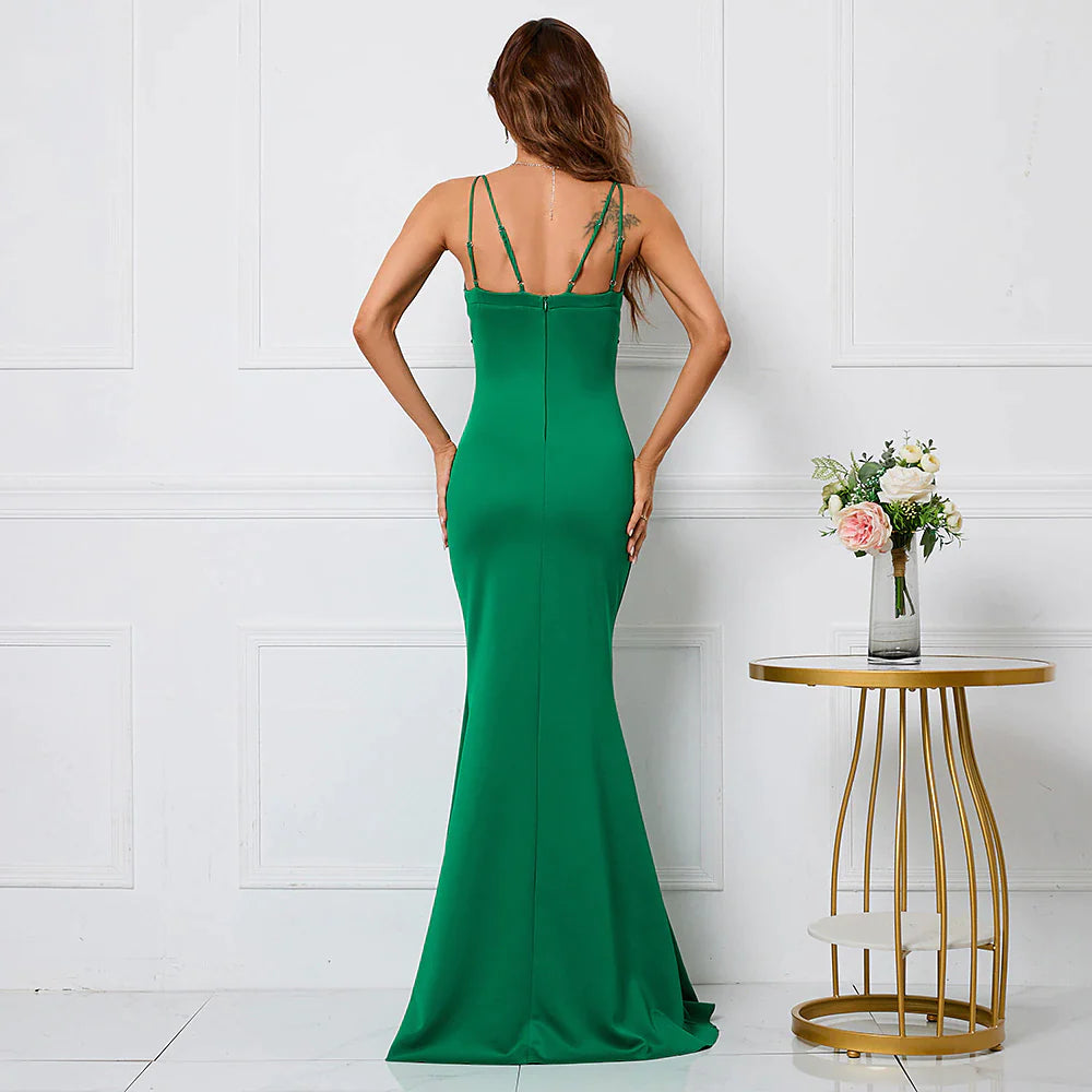Emerald Green Mermaid Spaghetti-Straps Prom Dress V-Neck With Sequins-Evening Dresses-BallBride