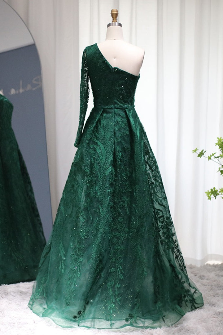 Emerald One Shoulder Long Sleeves Tulle Prom Dress with Diamond Appliques-BallBride