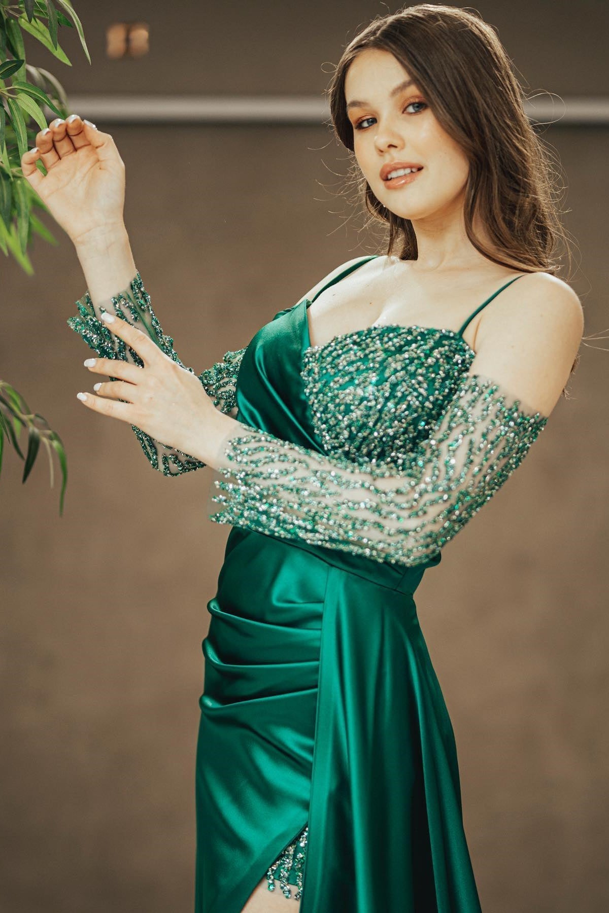 Emerald Sequins Prom Dress with Slit Pleated Off-The-Shoulder Spaghetti-Strap-BallBride