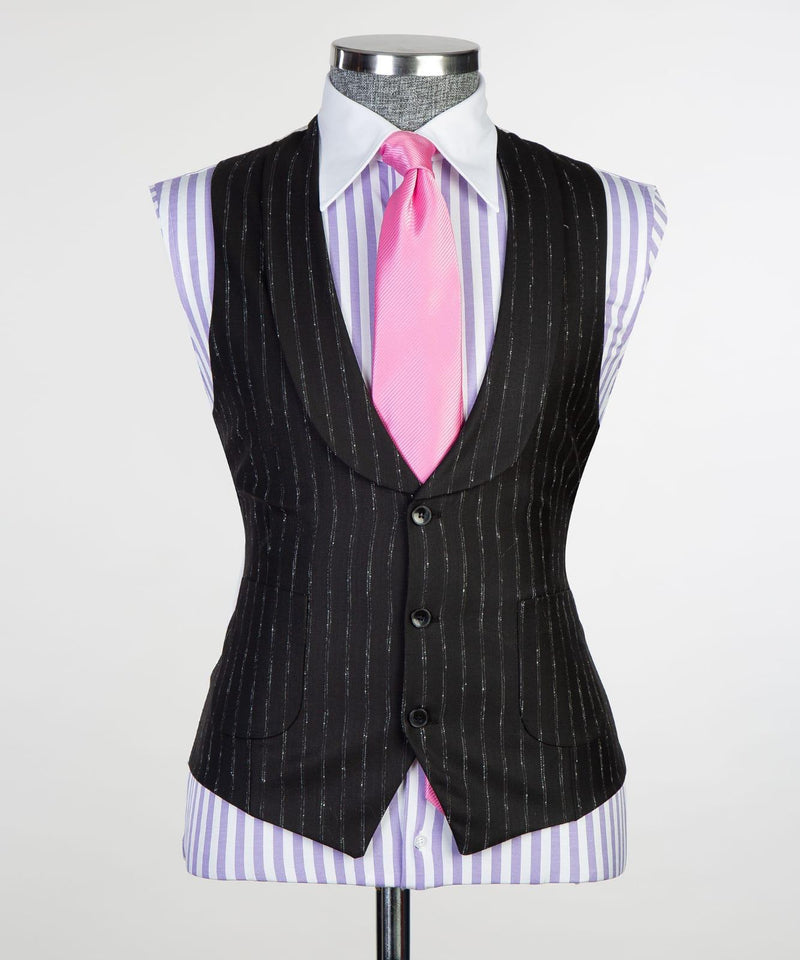 Ernest Modern Black Stripe 3-Pieces Men Suits with Peaked Lapel Slim Fit-Wedding Suits-BallBride