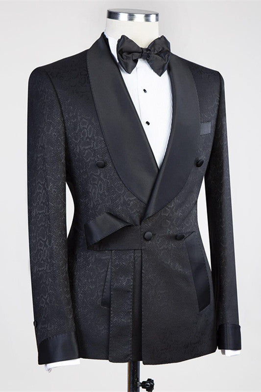 Ernesto Black Double Breasted Shawl Lapel Jacuqard Wedding Suit-Wedding Suits-BallBride