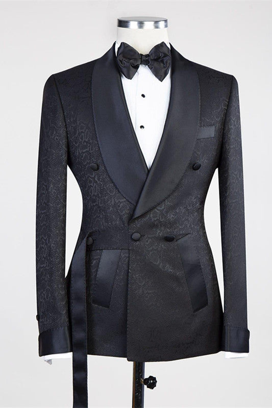 Ernesto Black Double Breasted Shawl Lapel Jacuqard Wedding Suit-Wedding Suits-BallBride