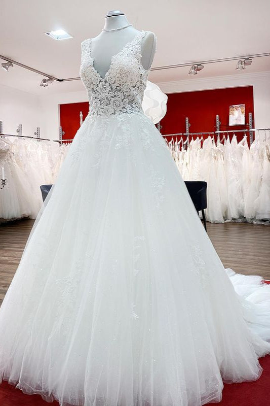 Eye-taking White Ruffles A-line V-neck Tulle Lace Wedding Dress-Wedding Dresses-BallBride