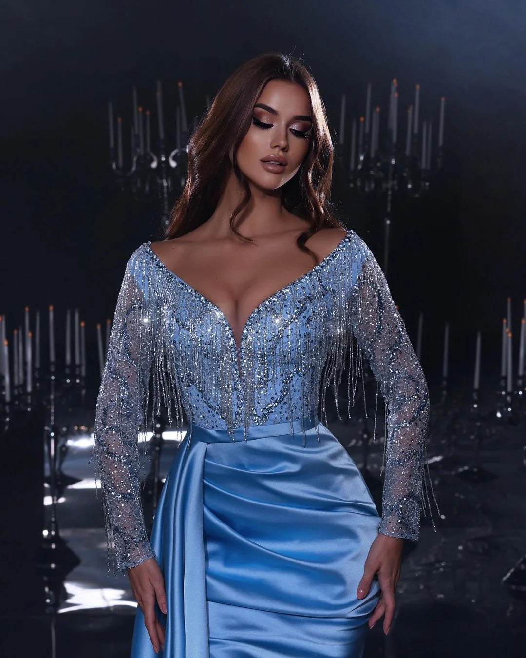 Fabulous Blue Long Sleeves Mermaid Evening Dress Beadings With Tassels Split Online-BallBride