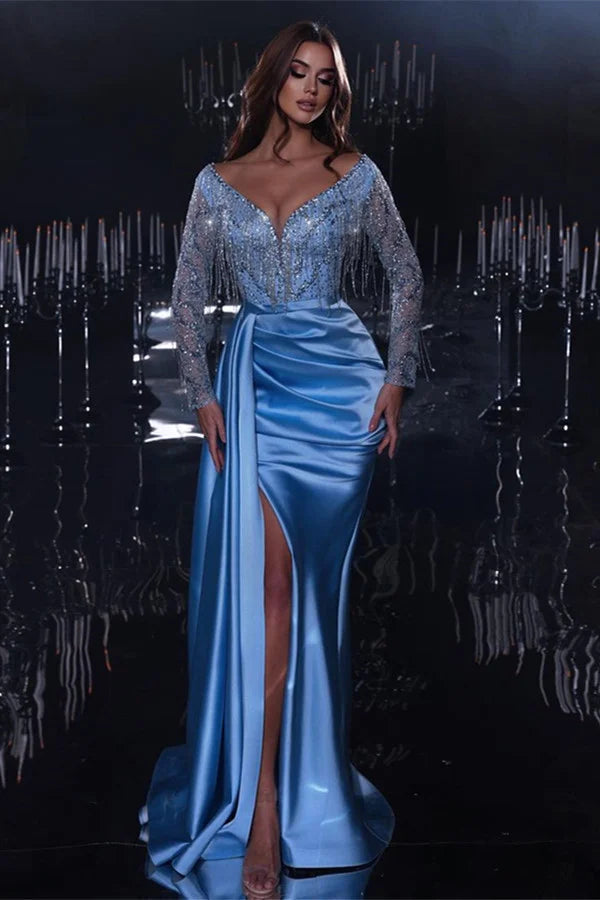 Fabulous Blue Long Sleeves Mermaid Evening Dress Beadings With Tassels Split Online-BallBride