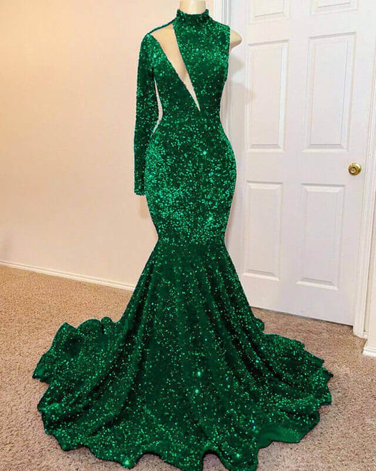 Fabulous Emerald Green Sequins Prom Dress with One Shoulder & Long Sleeves-Occasion Dress-BallBride