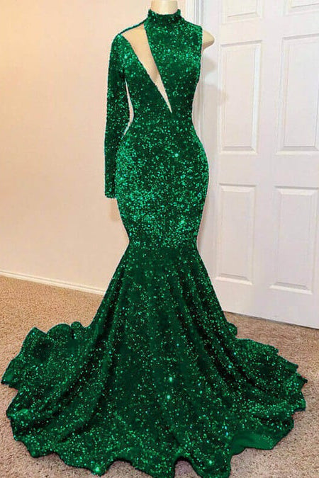 Fabulous Emerald Green Sequins Prom Dress with One Shoulder & Long Sleeves-Occasion Dress-BallBride