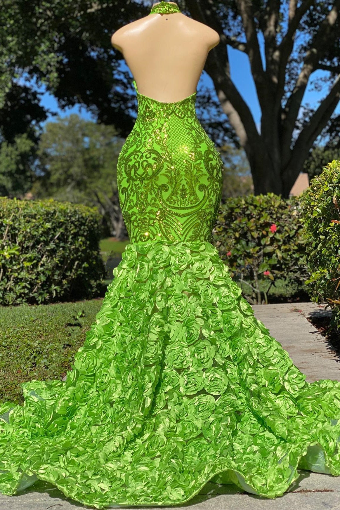 Fabulous High Neck Sleeveless Prom Dress with Green Mermaid and Rose Bottom Sequins-Occasion Dress-BallBride