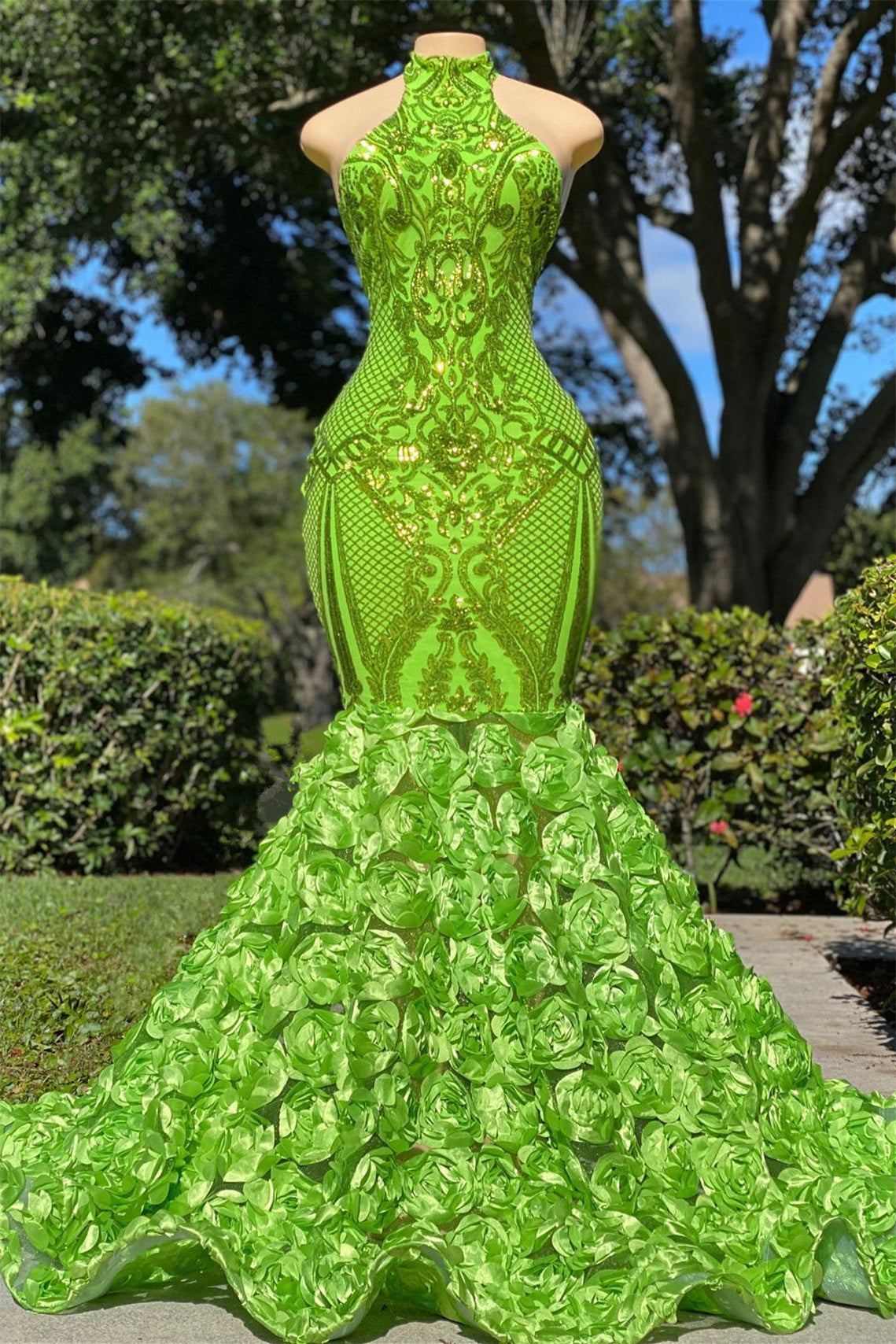 Fabulous High Neck Sleeveless Prom Dress with Green Mermaid and Rose Bottom Sequins-Occasion Dress-BallBride