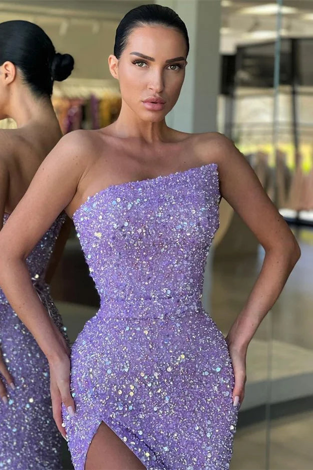 Fabulous Lilac Strapless Sequins Evening Dress Mermaid Long With Split-Occasion Dress-BallBride
