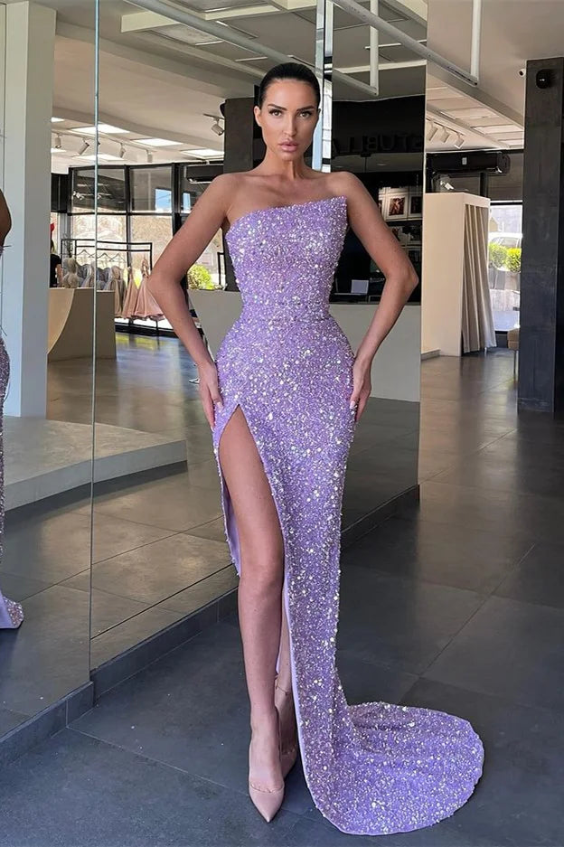 Fabulous Lilac Strapless Sequins Evening Dress Mermaid Long With Split-Occasion Dress-BallBride