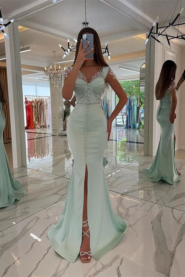Fabulous Mint Green V-Neck Mermaid Evening Dress Front Split Buttons With Beads Crystals-BallBride