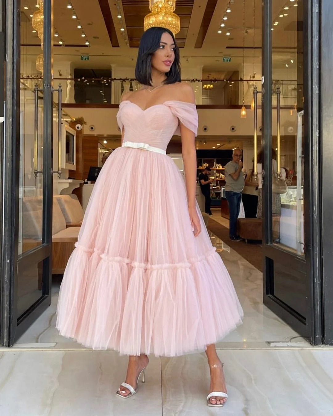 Fabulous Off-the-Shoulder Pink Sweetheart Evening Dress Tulle With Belt-BallBride