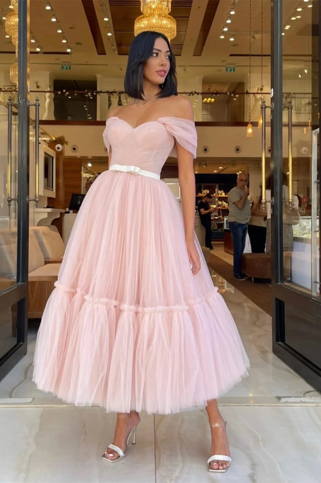 Fabulous Off-the-Shoulder Pink Sweetheart Evening Dress Tulle With Belt-BallBride