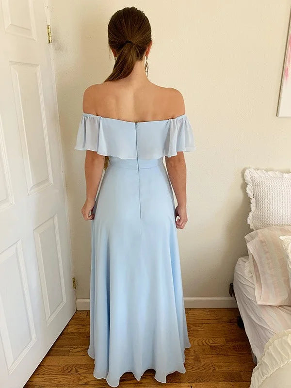 Fabulous Off-the-Shoulder Sky Blue Chiffon Evening Dress With Split Crystal-BallBride