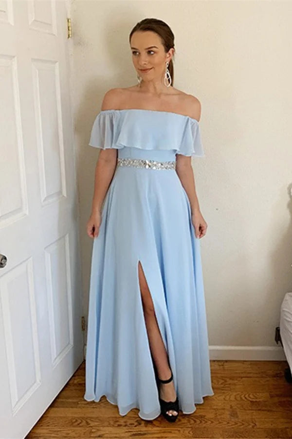 Fabulous Off-the-Shoulder Sky Blue Chiffon Evening Dress With Split Crystal-BallBride