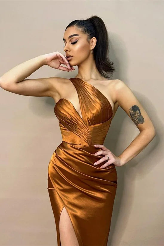 Fabulous One Shoulder Brown Evening Dress Mermaid Long With Slit-BallBride