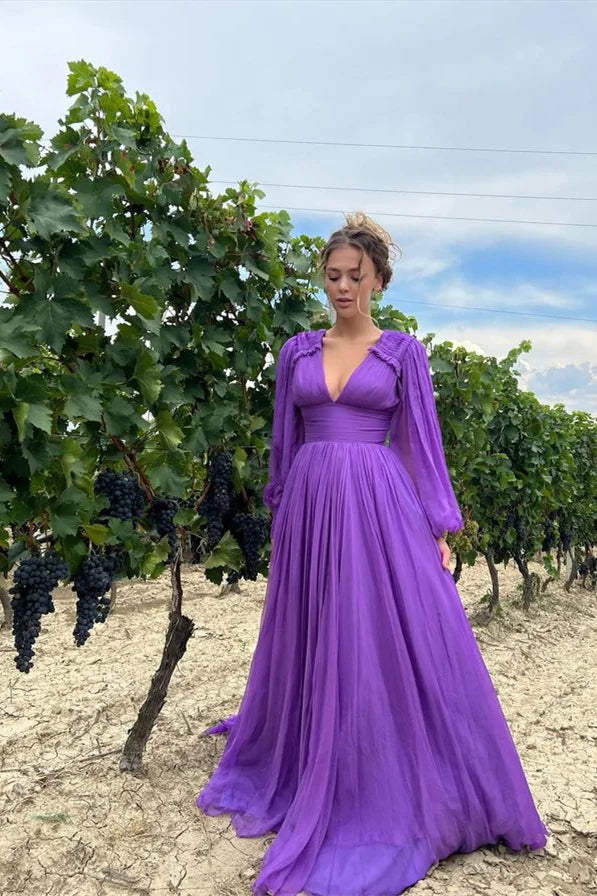 Fabulous Purple V-Neck Long Sleeves Evening Dress A-Line-BallBride