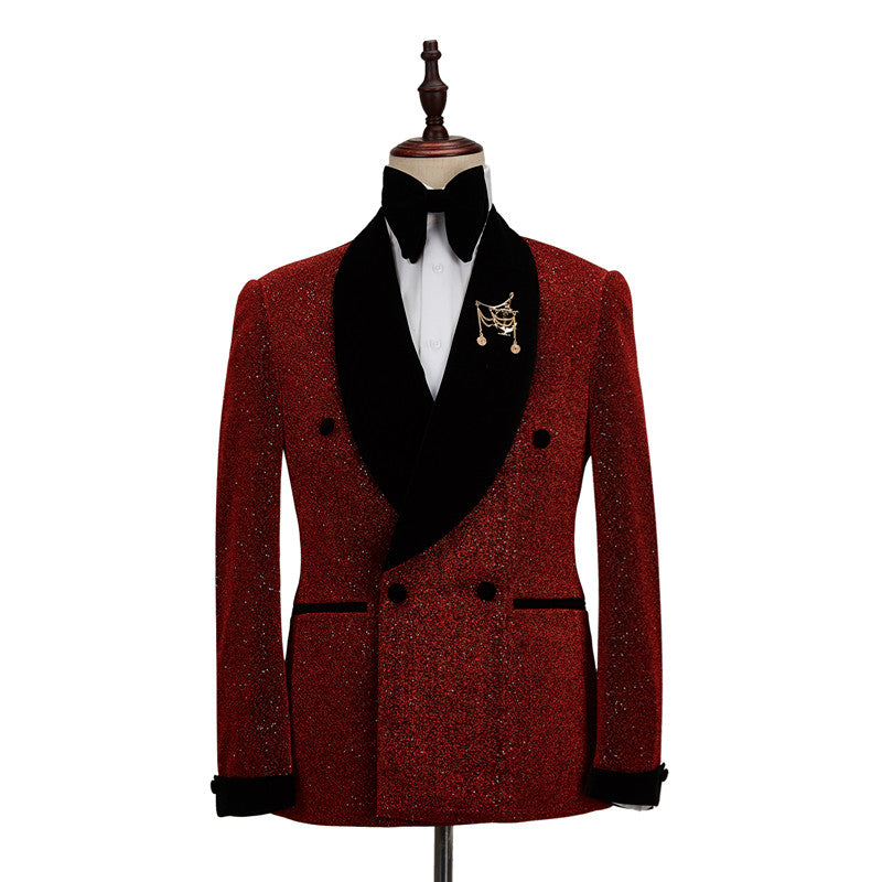 Fabulous Red Double Breasted Wedding Suit for Men's Party with Black Shawl Lapel-Wedding Suits-BallBride