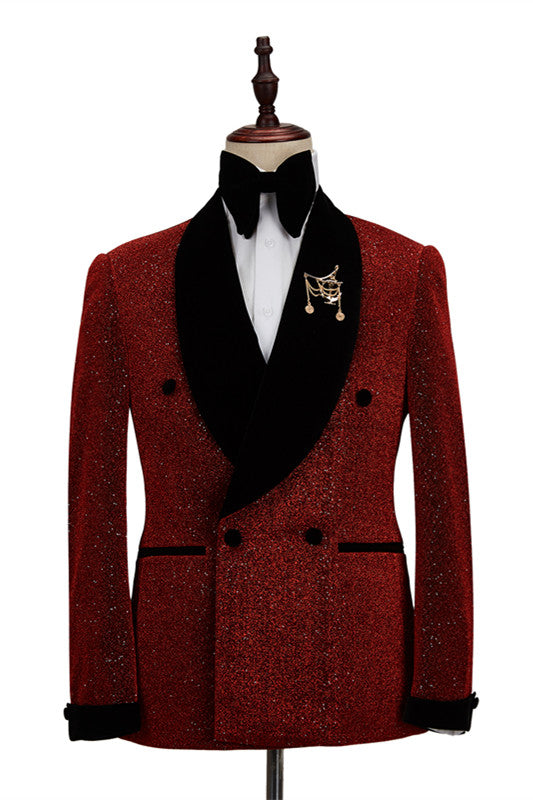 Fabulous Red Double Breasted Wedding Suit for Men's Party with Black Shawl Lapel-Wedding Suits-BallBride