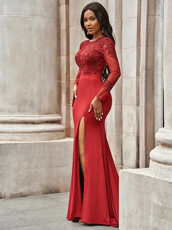 Fabulous Red Long Sleeves Appliques Mermaid Evening Dress With Slit-BallBride