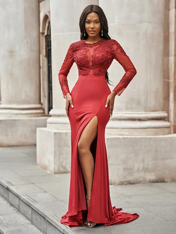 Fabulous Red Long Sleeves Appliques Mermaid Evening Dress With Slit-BallBride