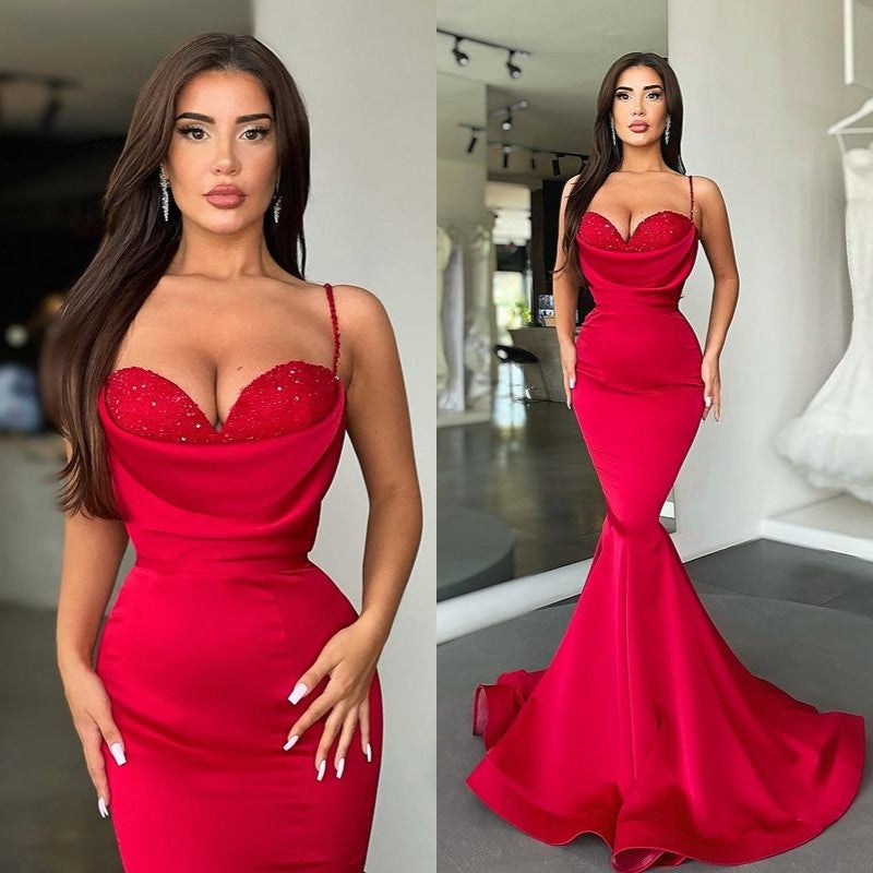 Fabulous Red Mermaid Prom Dress with Beads and Spaghetti-Straps-Occasion Dress-BallBride