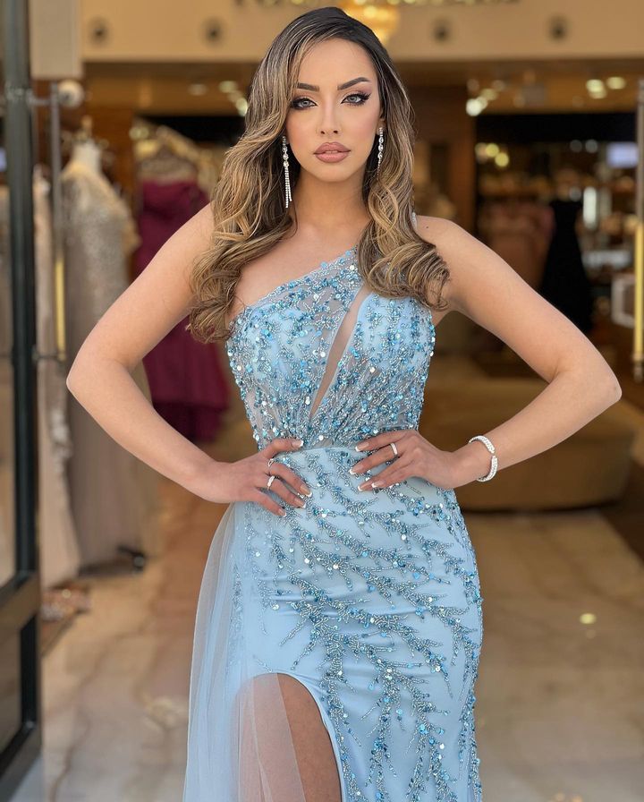 Fabulous Sky Blue Mermaid Prom Dress with One Shoulder and Long Split with Beads-Occasion Dress-BallBride