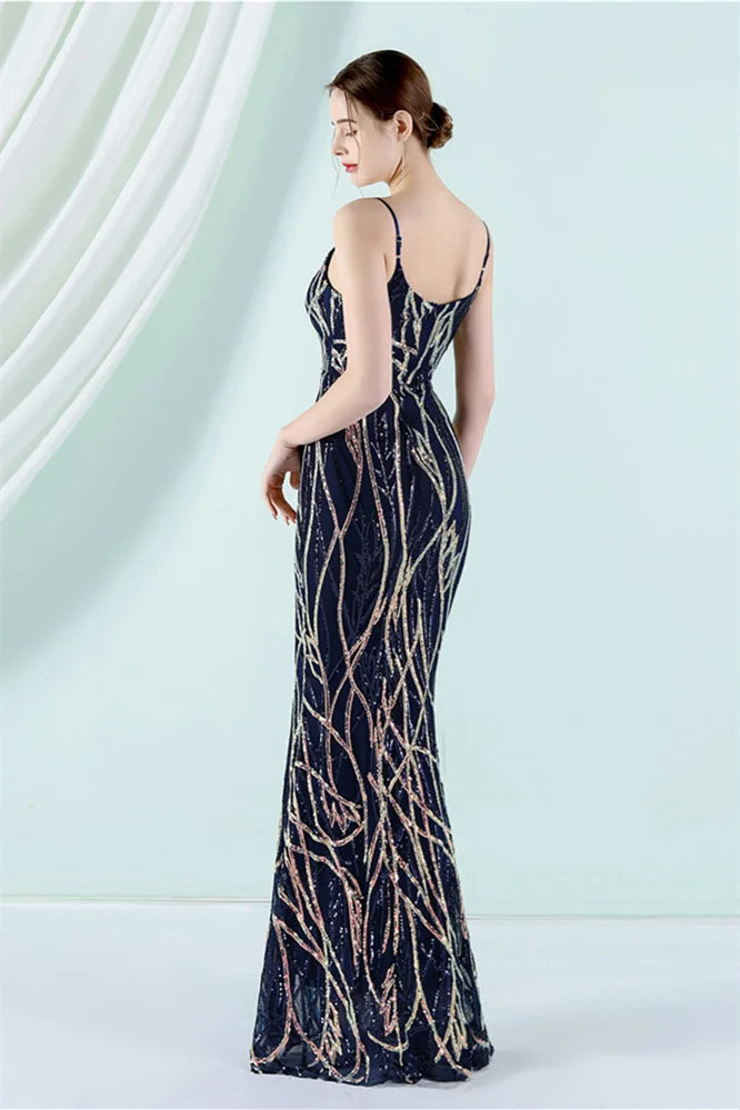 Fabulous Spaghetti-Straps V-Neck Sequins Evening Dress Mermaid Long-BallBride